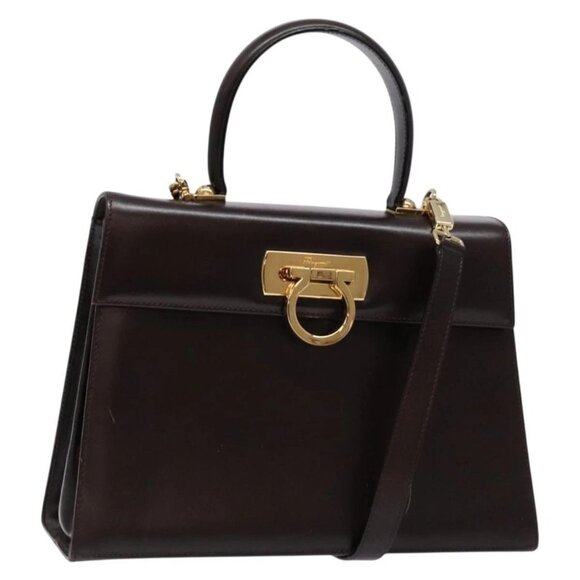 Salvatore Ferragamo Gancini Hand Bag Leather 2way Brown Gold Auth 134063 - Picture 1 of 16